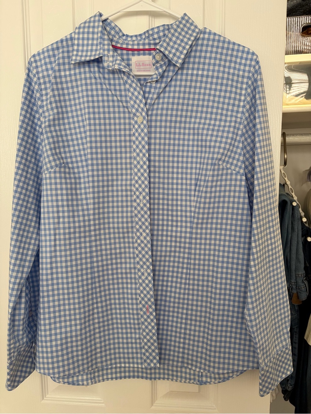 L.L. Bean Light Blue and White Gingham Button-Up Shirt